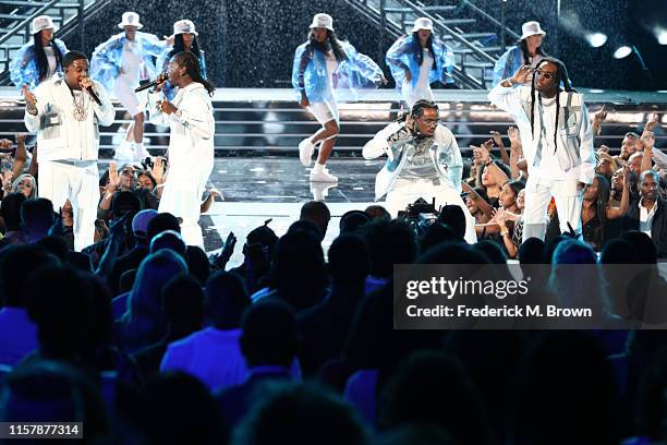 Mustard and Quavo, Offset, and Takeoff of Migos perform onstage at the 2019 BET Awards at Microsoft Theater on June 23, 2019 in Los Angeles,...