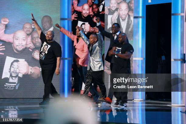 Raymond Santana Jr., Kevin Richardson, Antron McCray, Korey Wise and Yusef Salaam aka the 'Central Park Five' speak onstage at the 2019 BET Awards at...