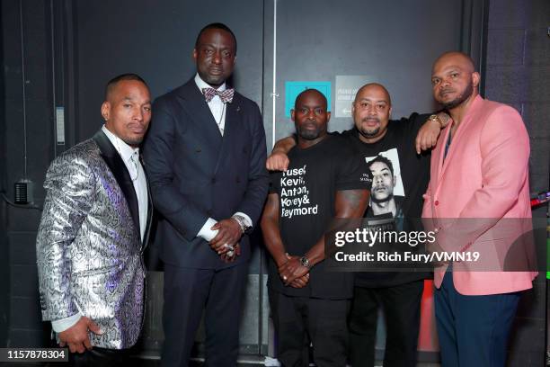 Korey Wise, Yusef Salaam, Antron McCray, Raymond Santana Jr. And Kevin Richardson aka the 'Central Park Five' speak are seen backstage at the 2019...