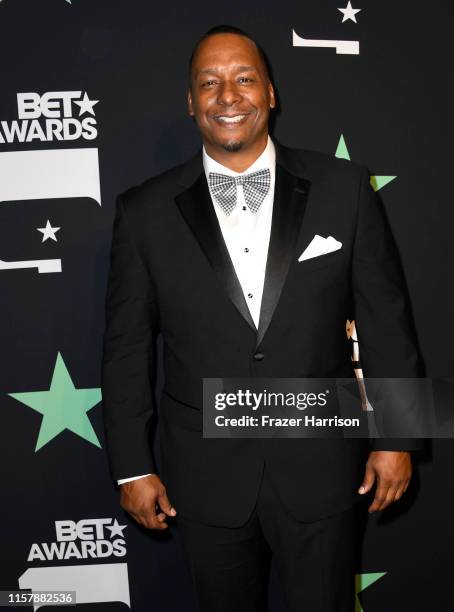 Deon Taylor poses in the press room at the 2019 BET Awards on June 23, 2019 in Los Angeles, California.