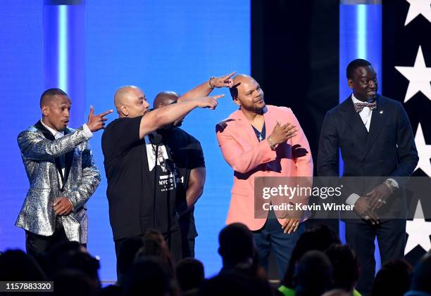 Korey Wise, Raymond Santana Jr., Antron McCray, Kevin Richardson, and Yusef Salaam of the 'Central Park Five' speak onstage at the 2019 BET Awards on...