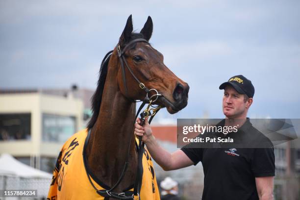 Benitoite after winning the Jenna Ross VOBIS Gold Reef , at Caulfield Racecourse on July 27, 2019 in Caulfield, Australia.