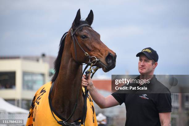 Benitoite after winning the Jenna Ross VOBIS Gold Reef , at Caulfield Racecourse on July 27, 2019 in Caulfield, Australia.