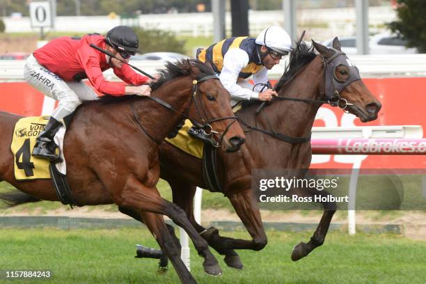 Benitoite ridden by Damien Oliver wins the Jenna Ross VOBIS Gold Reef at Caulfield Racecourse on July 27, 2019 in Caulfield, Australia.