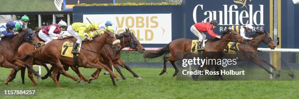 Benitoite ridden by Damien Oliver wins the Jenna Ross VOBIS Gold Reef at Caulfield Racecourse on July 27, 2019 in Caulfield, Australia.