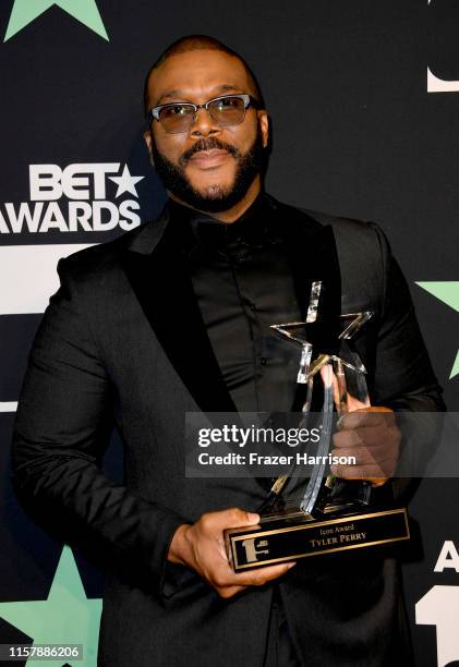 Tyler Perry poses in the press room at the 2019 BET Awards on June 23, 2019 in Los Angeles, California.