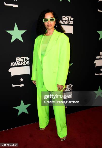 Ella Mai, winner of the Coca-Cola Viewers' Choice Award for 'Trip' poses in the press room at the 2019 BET Awards on June 23, 2019 in Los Angeles,...