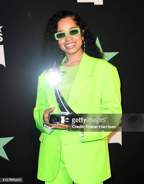 Ella Mai, winner of the Coca-Cola Viewers' Choice Award for 'Trip' poses in the press room at the 2019 BET Awards on June 23, 2019 in Los Angeles,...