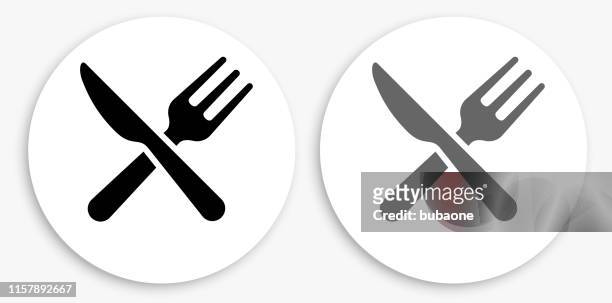 kitchen utensils black and white round icon - fork stock illustrations