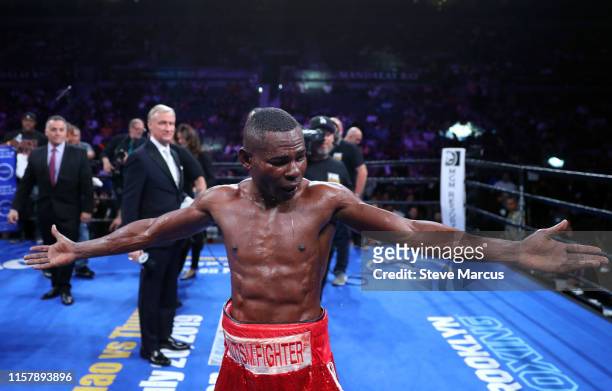 Guillermo Rigondeaux celebrates after defeating Julio Ceja in a super bantamweight fight at the Mandalay Bay Events Center on June 23, 2019 in Las...