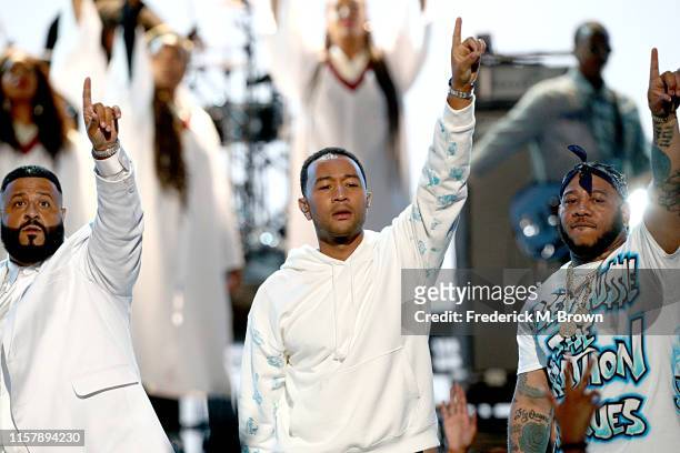 Khaled, John Legend and Cobby Supreme perform onstage at the 2019 BET Awards at Microsoft Theater on June 23, 2019 in Los Angeles, California.