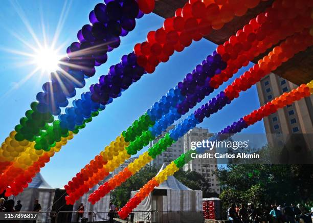 decoration for the gay pride parade or lgbtq parade - art museum of sao paulo stock pictures, royalty-free photos & images