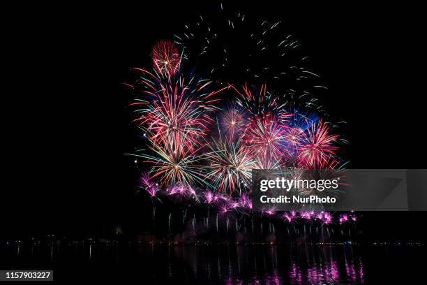 Fireworks explode during the Redentore Celebrations on July 21, 2019 in Venice, Italy. Redentore, which is in remembrance of the end of the 1577...