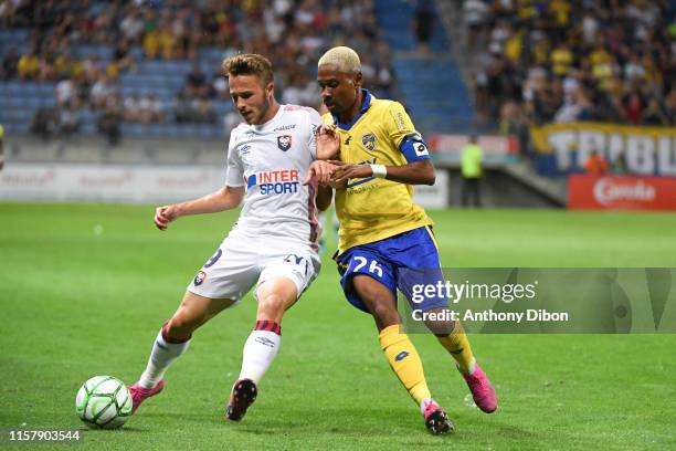 Jason Pendant of Sochaux and Jan Repas of Caen during the Ligue 2 match between FC Sochaux and Caen on July 26, 2019 in Montbeliard, France.