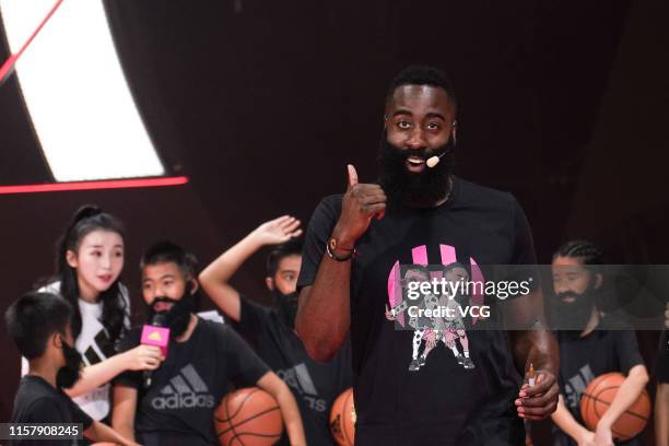 James Harden of the Houston Rockets meets fans at Tianhe Sports Center during his adidas sponsored tour in China on June 23, 2019 in Guangzhou,...