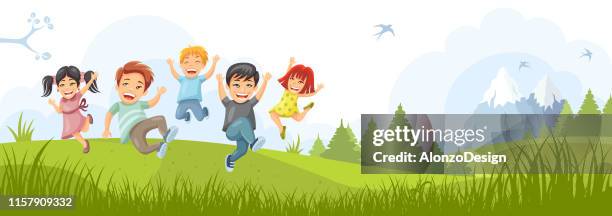 stockillustraties, clipart, cartoons en iconen met gelukkige jonge geitjes die samen springen. - kind veld spelen