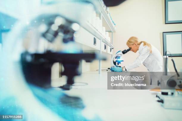 female scientist using microscope in laboratory - forensic science lab stock pictures, royalty-free photos & images