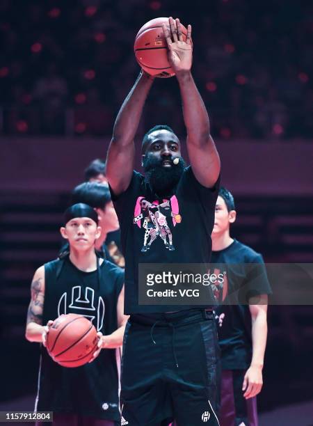 James Harden of the Houston Rockets meets fans at Tianhe Sports Center during his adidas sponsored tour in China on June 23, 2019 in Guangzhou,...
