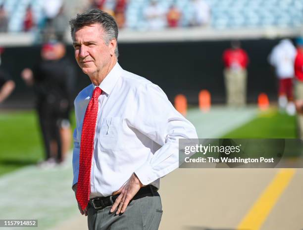 Washington Redskins president Bruce Allen on the sideline prior to action against the Jacksonville Jaguars at TIAA Bank Field.