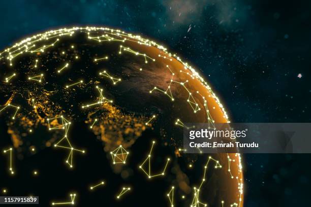 cinematic sunrise over planet from space with connection points - cinematic sunrise stock pictures, royalty-free photos & images