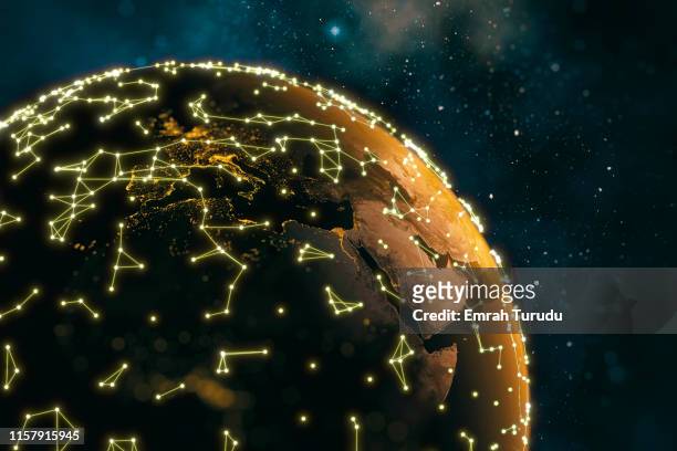 cinematic sunrise over planet from space with connection points - cinematic sunrise stock pictures, royalty-free photos & images