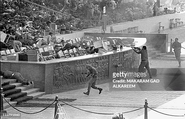 Egyptian soldiers fire on Egyptian President Anwar Al-Sadat while reviewing a military parade in honor of The October 1973 War, on October 06, 1981...