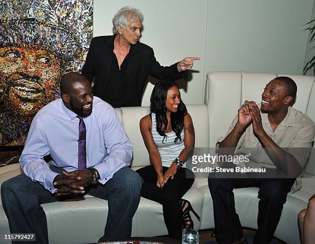 Shaquille O'Neal, Nicole Alexander and Paul Pierce of the Boston Celtics attend 'SHAQ ATTACK' at Strega Waterfront on June 9, 2011 in Boston,...