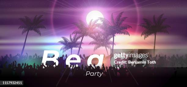 summer night beach party poster with crowd design - beach party stock illustrations