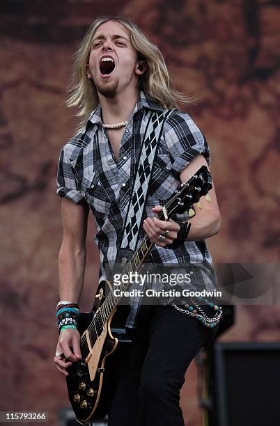 Ben Wells of Black Stone Cherry performs on the main stage on Day 1 of Download Festival at Donington Park on June 10, 2011 in Castle Donington,...