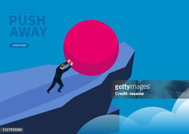 stockillustraties, clipart, cartoons en iconen met zakenman duwt rode bal vaststelling van de klif - crag