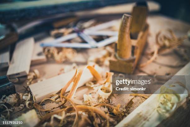 carpentry work tools on table - shavings stock pictures, royalty-free photos & images