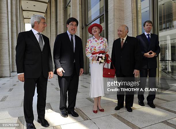 Queen Margrethe II of Denmark poses for a photo with Dacapo Records Director Henrik Rordam,Alan Gilbert, Music Director of the New York Philharmonic,...