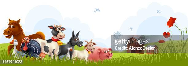 ilustrações, clipart, desenhos animados e ícones de animais de exploração agrícola com paisagem - animal de fazenda