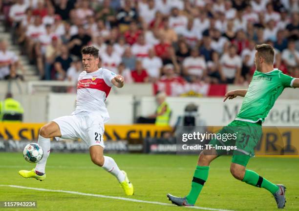 Mario Gomez of VfB Stuttgart scores his team's first goal during the Second Bundesliga match between VfB Stuttgart and Hannover 96 at Mercedes-Benz...