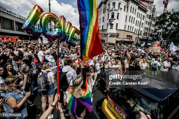 Revelers take part in the annual Christopher Street Day parade on July 27, 2019 in Berlin, Germany. This year's CSD is celebrating the 50th...