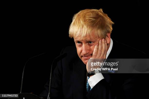 Britain's Prime Minister Boris Johnson during a speech on domestic priorities at the Science and Industry Museumon July 27, 2019 in Manchester,...