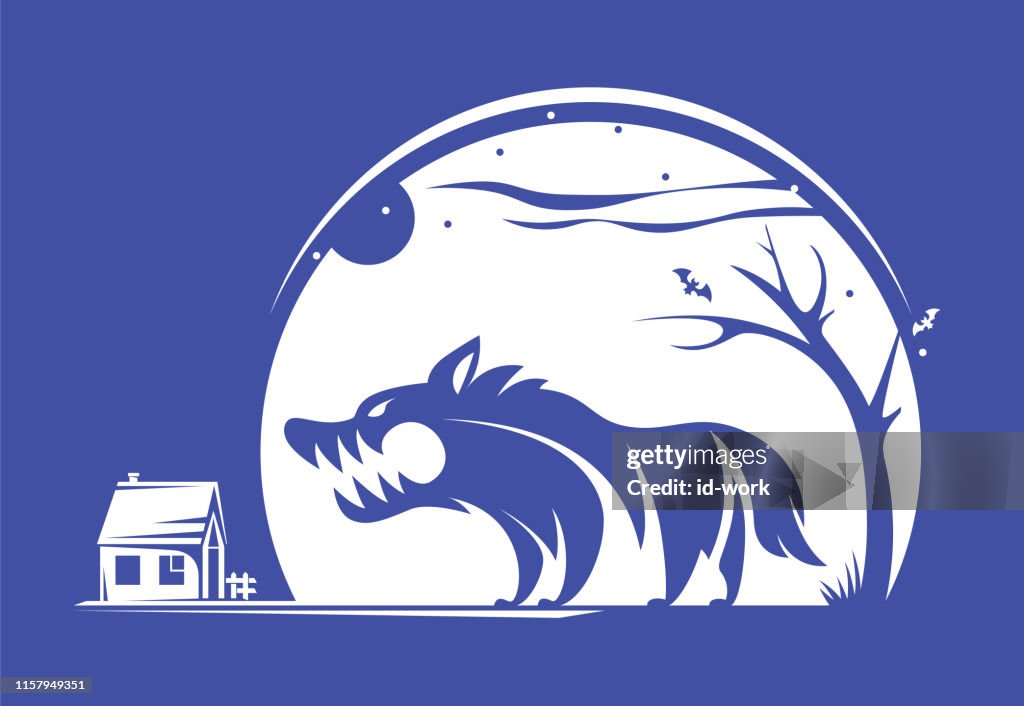 Wolf looking at house silhouette