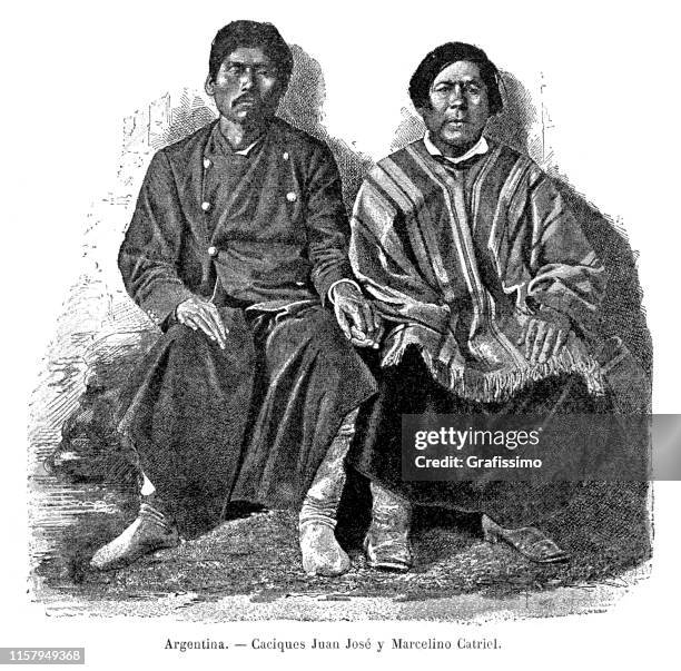 two argentine tribe chiefs in patagonia 1887 - estuary stock illustrations