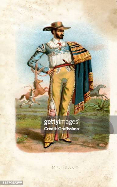 mexican man standing in traditional clothing 1887 - mexican ethnicity stock illustrations