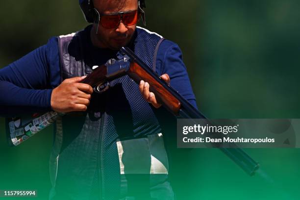 Aaron Heading of Great Britain or Team GB competes during the Mixed Team Shotgun Trap Qualifications event during Day 4 of the 2nd European Games at...