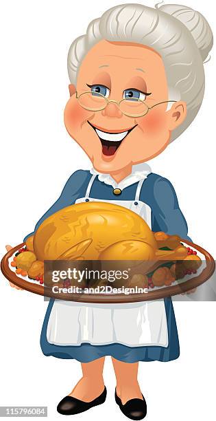 großmutter mit der türkei abendessen - großmutter stock-grafiken, -clipart, -cartoons und -symbole