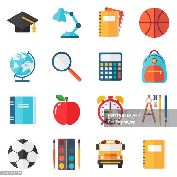 stockillustraties, clipart, cartoons en iconen met school icons-platte vierkante vector set - back to school