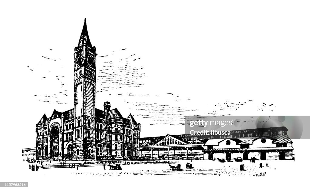 Antik illustration av USA: Indianapolis, Indiana-union Railway Station