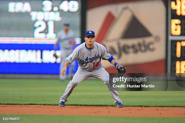 Shortstop Jamey Carroll of the Los Angeles Dodgers sets into position against the Philadelphia Phillies at Citizens Bank Park on June 8, 2011 in...