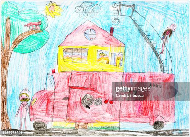 ilustrações de stock, clip art, desenhos animados e ícones de children drawings, sketches and doodles: fire brigade truck - accidents and disasters