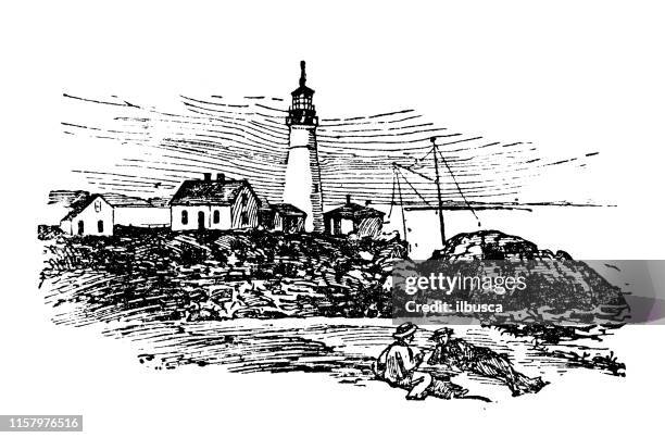 antike illustration der usa: portland, maine - leuchtturm - verwaltungsbezirk cumberland county stock-grafiken, -clipart, -cartoons und -symbole