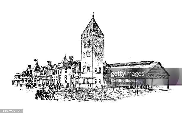 antike illustration der usa: portland, maine - union station, central station - verwaltungsbezirk cumberland county stock-grafiken, -clipart, -cartoons und -symbole