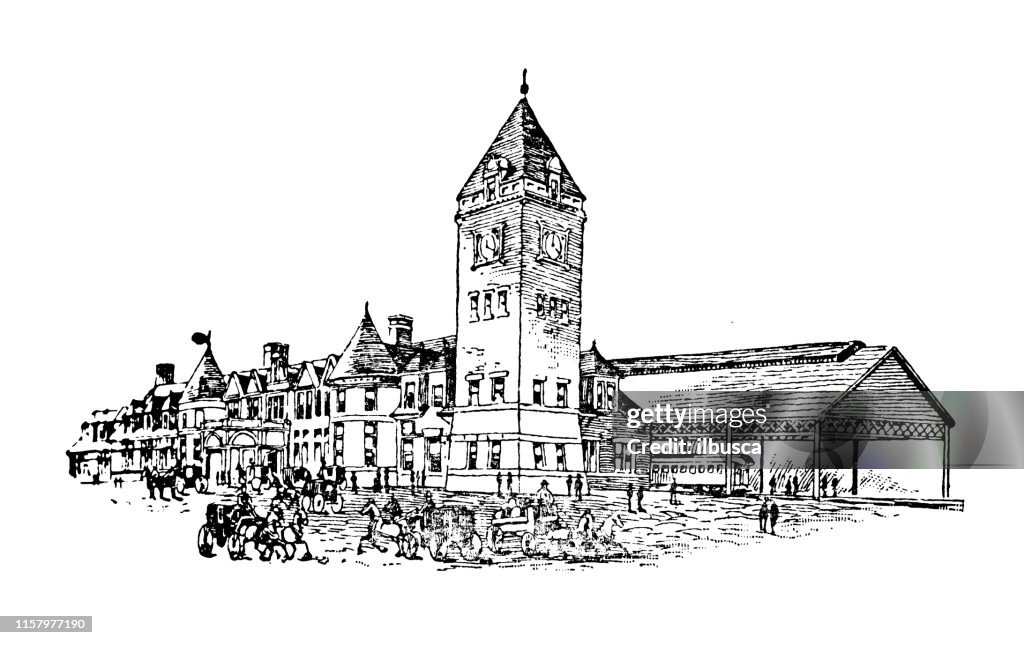 Antique illustration of USA: Portland, Maine - Union station, Central station