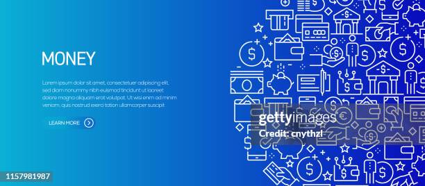 stockillustraties, clipart, cartoons en iconen met geld gerelateerde banner sjabloon met lijn iconen. moderne vector illustratie voor advertentie, header, website. - zaken en financiën