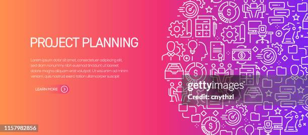 project planning banner template with line icons. modern vector illustration for advertisement, header, website. - marketing strategy background stock illustrations